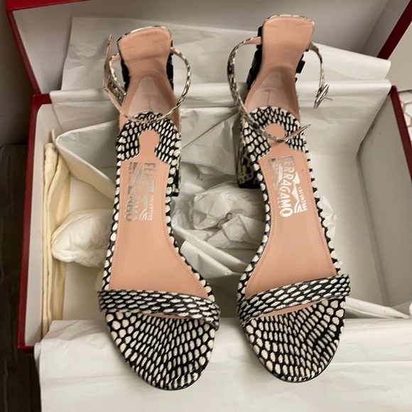 Ferragamo Connie Snake Block Heel Sandals - Picture 1 of 6